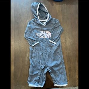 The North Face hooded baby onesie, grey/pink, 3-6 mo